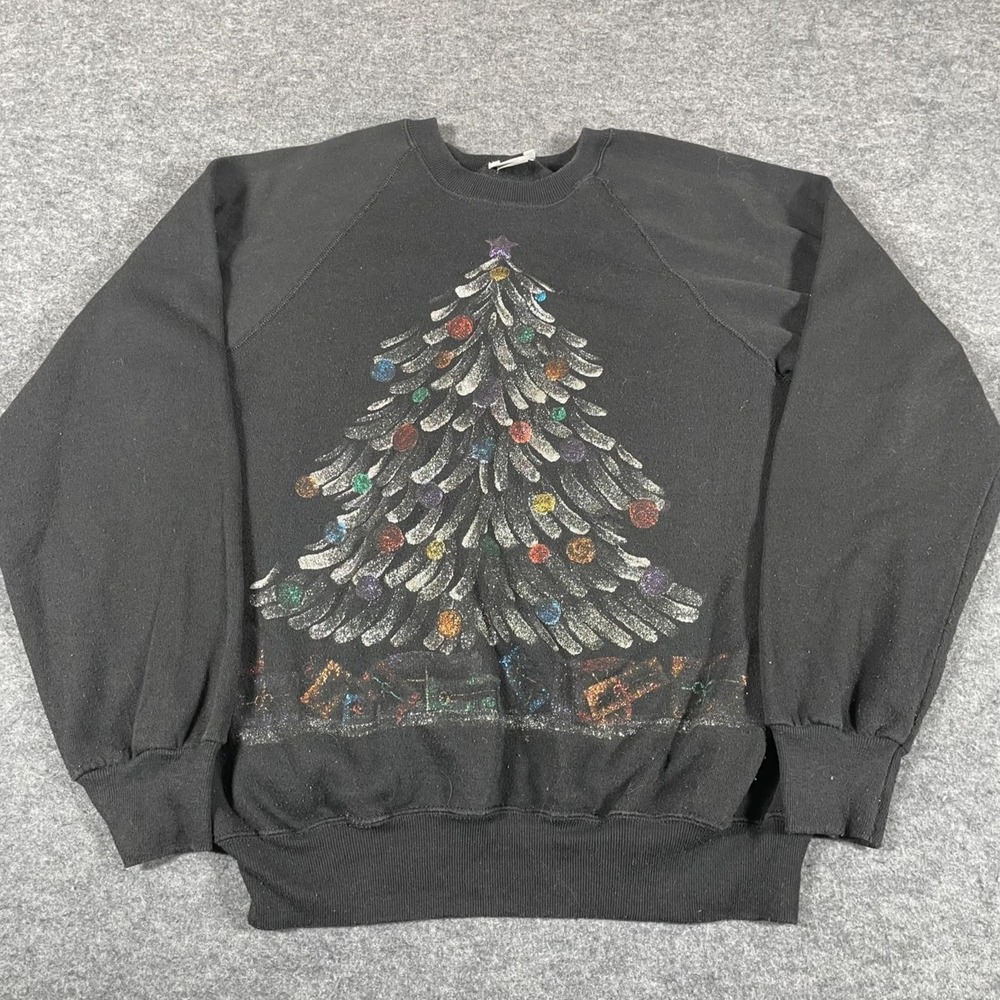 VTG Lee Sweatshirt Womens Large Black Pullover Christmas Tree Metallic Retro 90s
